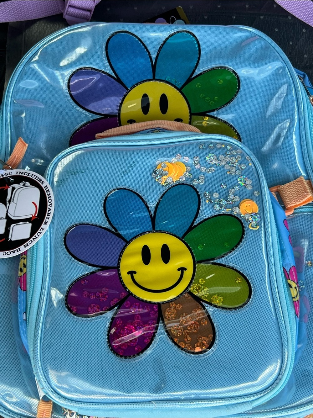 Kids Light Blue Backpack with Rainbow Smiley Flower